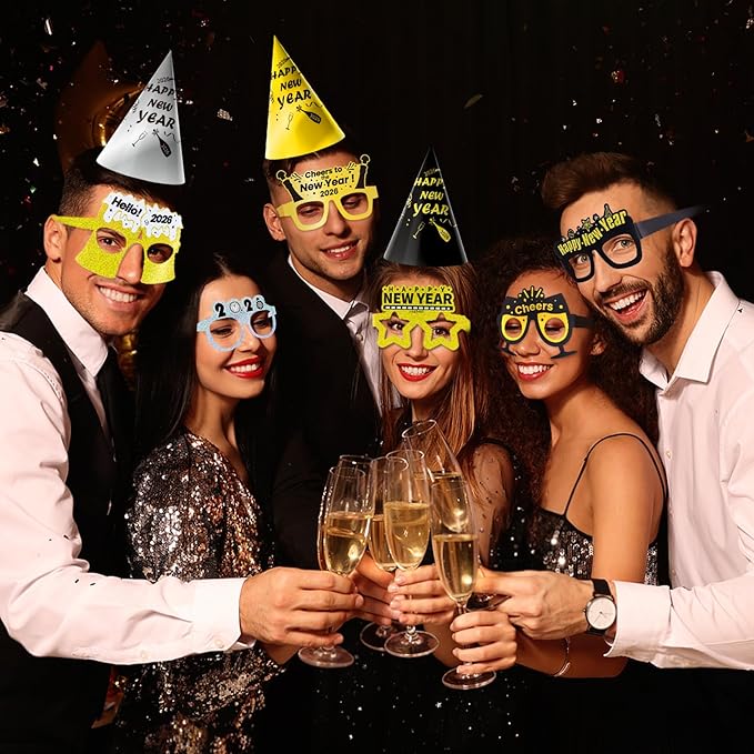 New Years Eve Party Supplies 2026 for 12, New Years Eve Party Decorations, 6 Hat, 6 Glasses, 12 blowouts, 6 Table Centerpiece, 2 Foil Fringe Curtains, 18 Balloons, Great NYE Decorations Pack