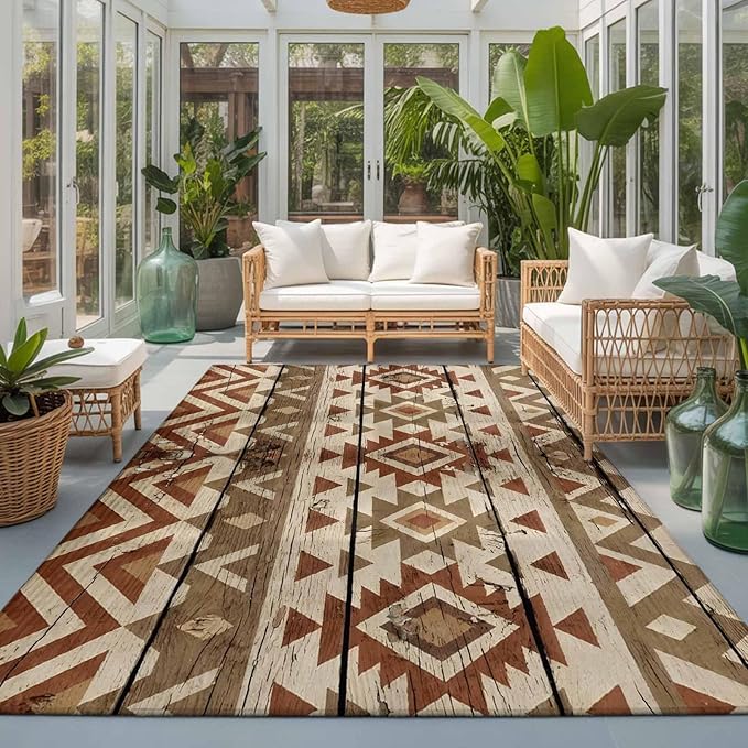 Area Rug 3x5ft, Rustic Aztec Style Pattern Washable Rugs for Living Room Bedroom, Southwestern Geometric Art Soft Non-Slip Area Rugs Rectangle Floor Carpet for Dining Room