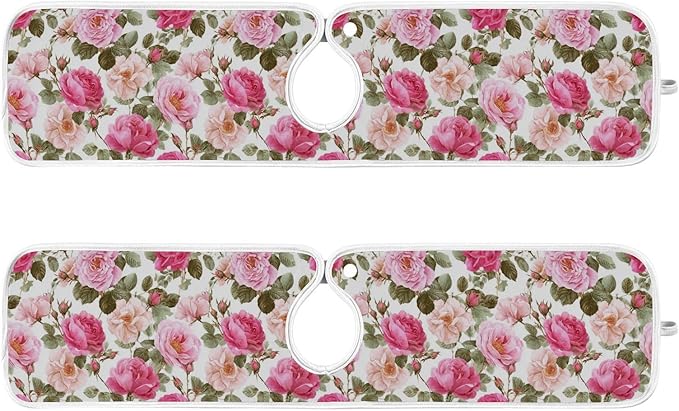 Kitchen Faucet Absorbent Mat,Pink Rose Flower Floral Water Splash Guard for Sink, Faucet Drip Catcher Thicken Sponge Microfiber Faucet Water Catcher Mat Sink Absorbent Mat for Kitchen 14x5in 2 Pack