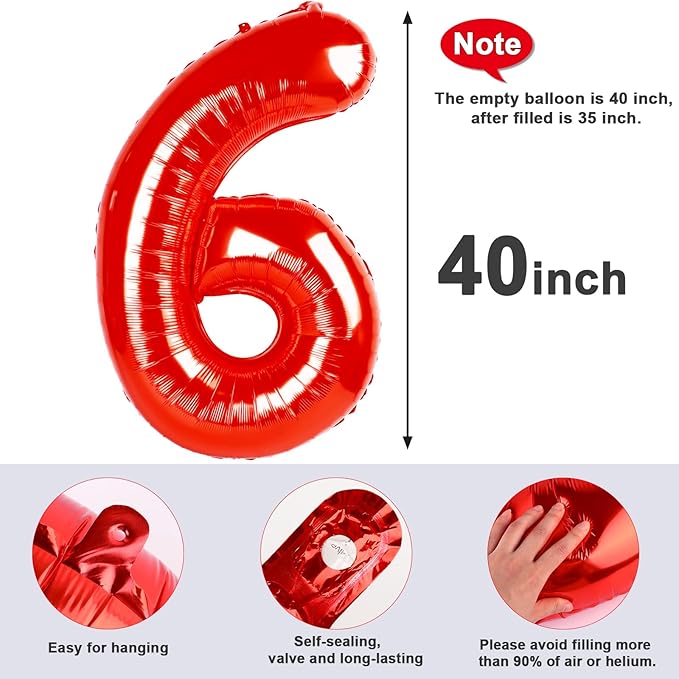 Number 6 Balloon 40 Inch, 6 7 Six Seven Birthday Decorations, 6th Birthday Balloon for Men Women, Red 16 60 61 65 Numbers Balloons Graduations Anniversary Supplies