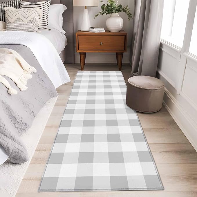 Runner Rug for Bedroom Hallway, Light Grey White Plaid Kitchen Runner Rugs Area Rug 2x6ft, Farmhouse Decoration Buffalo Check Washable Soft Floor Carpet for Entryway Stair