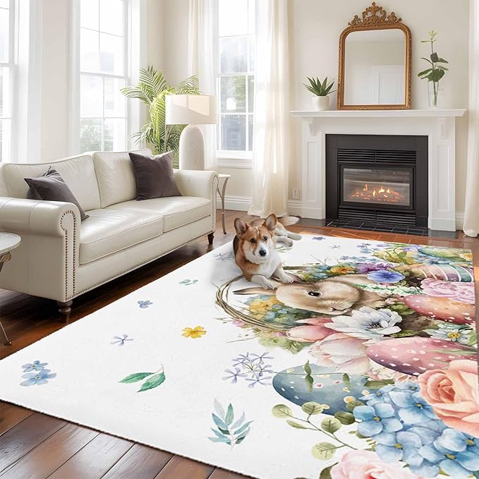 Area Rug 6x9ft, Easter Egg Spring Flower Cute Rabbit Washable Rugs for Living Room Bedroom, Blossom Floral on White Soft Non-Slip Area Rugs Rectangle Floor Carpet for Dining Room