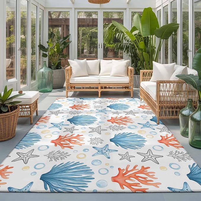 Area Rug 3x5ft, Coastal Starfish Shell Coral Washable Rugs for Living Room Bedroom, Ocean Bubble Blue Black Orange Soft Non-Slip Area Rugs Rectangle Floor Carpet for Dining Room