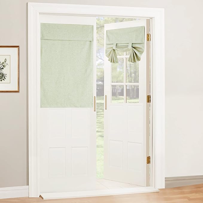 RYB HOME 100% Blackout Curtains for Small Window, Linen Textured Blend Insulating Privacy French Door Curtains Tie Up Shades for Kitchen Storage Cabinet Basement, W 30 x L 40, Light Sage, 1 Panel