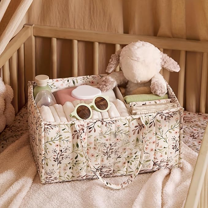 Quilted Fabric Storage Basket Floral Baby Diaper Caddy Quilted Basket for Nursery Bedroom Car Storage (L- Beige 03)