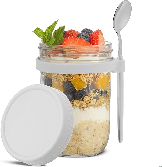JoyJolt 3-Pack Glass Overnight Oats Jars with Lids and Spoons Set (16 oz), Mason Jars for Overnight Oats, Chia Pudding Jars with Lids - BPA-Free, Leak Proof Small Containers for Meal Prep
