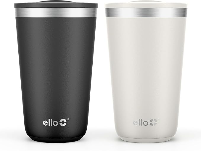Ello 2 Pack 16oz Stainless Steel Stacking Cups with Easy Press Lids | Pint Size Reusable Tumblers for Parties, Home, Camping, Outdoor | Keeps Cold for 16 Hours, Dishwasher Safe | Black & Mineral
