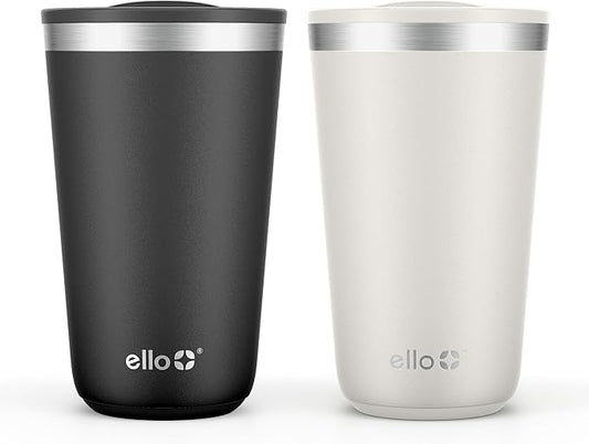 Ello 2 Pack 16oz Stainless Steel Stacking Cups with Easy Press Lids | Pint Size Reusable Tumblers for Parties, Home, Camping, Outdoor | Keeps Cold for 16 Hours, Dishwasher Safe | Black & Mineral