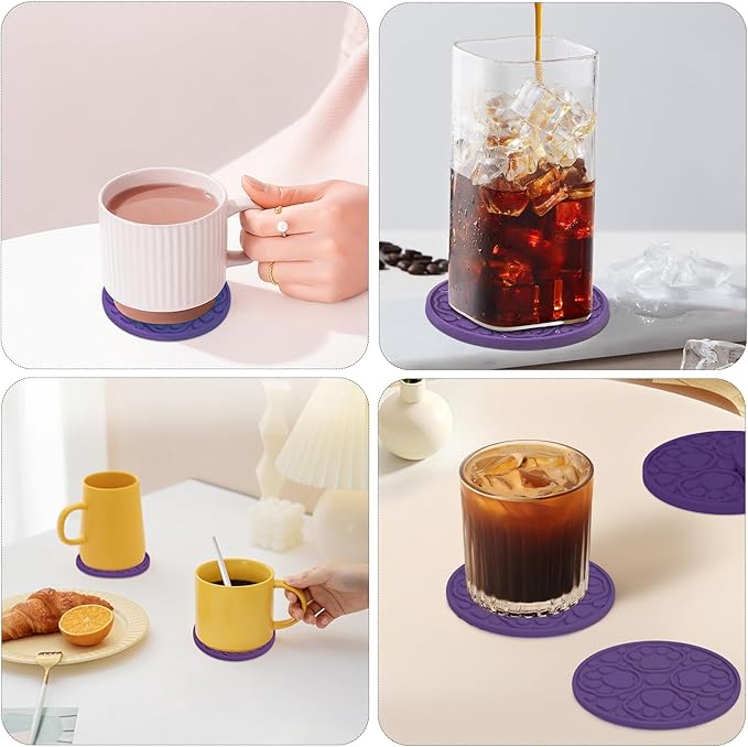 6 Pack Purple Silicone Drink Coasters with Holder, 4 Inch Non-Slip Heat-Resistant Round Cup Mats, Decorative Waterproof Coasters for Tabletop, Office Desk, Bar & Coffee Table, Dishwasher Safe