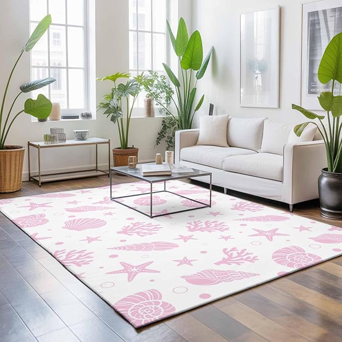 Area Rug 3x5ft, Pink Ocean Shell Conch Coral Starfish Washable Rugs for Living Room Bedroom, Summer Marine Theme Soft Non-Slip Area Rugs Rectangle Floor Carpet for Dining Room