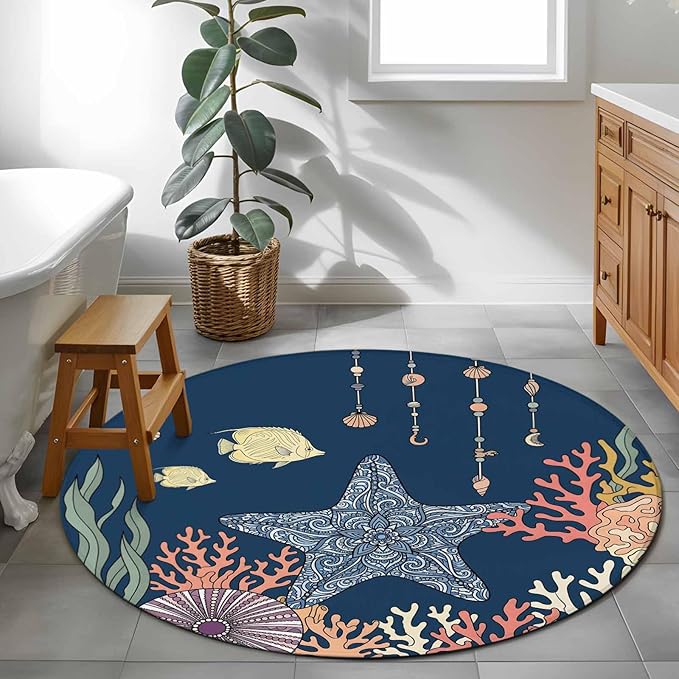 Washable Round Area Rug Ocean Starfish Coral Fish Circle Rugs Floor Carpet for Living Room Bedroom, Underwater Creature on Navy Blue Soft Non Slip Round Rug 3ft
