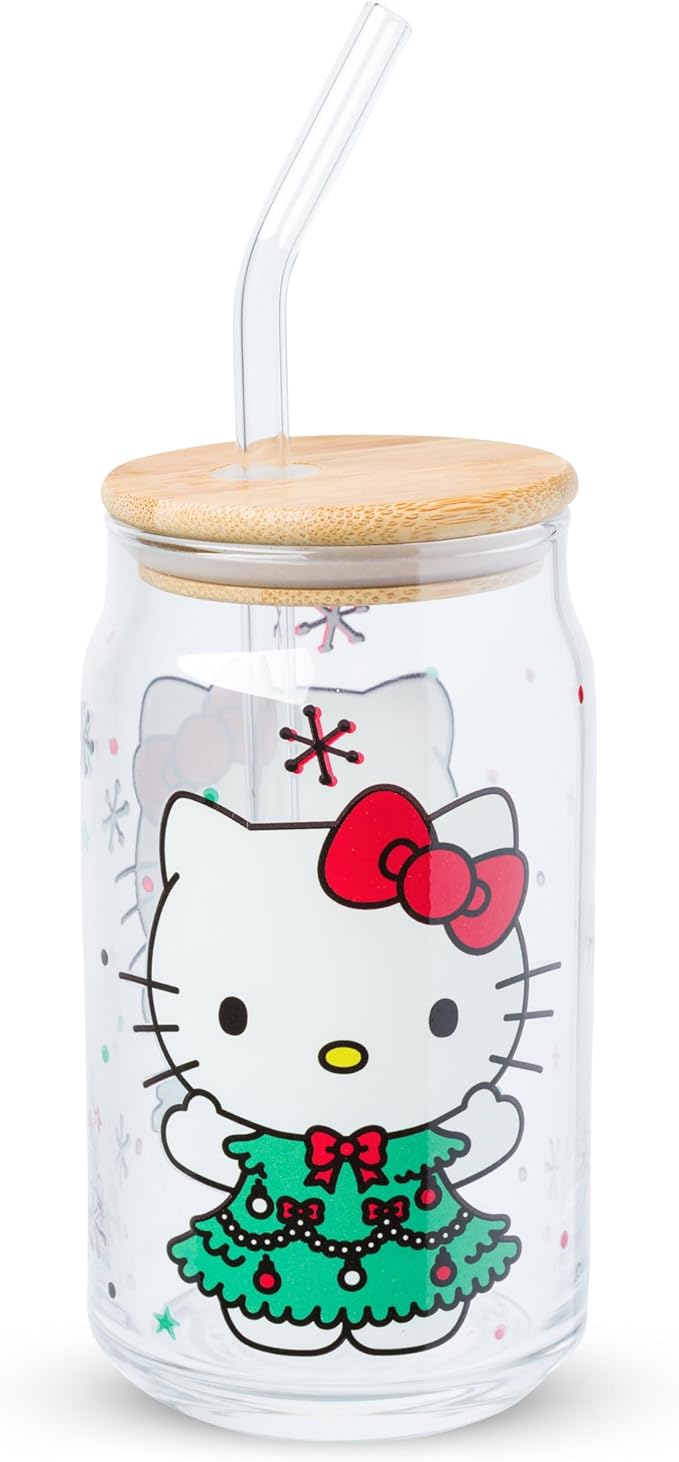Silver Buffalo Sanrio Hello Kitty Holiday Glass Tumbler with Bamboo Lid and Glass Straw, 16 Ounces
