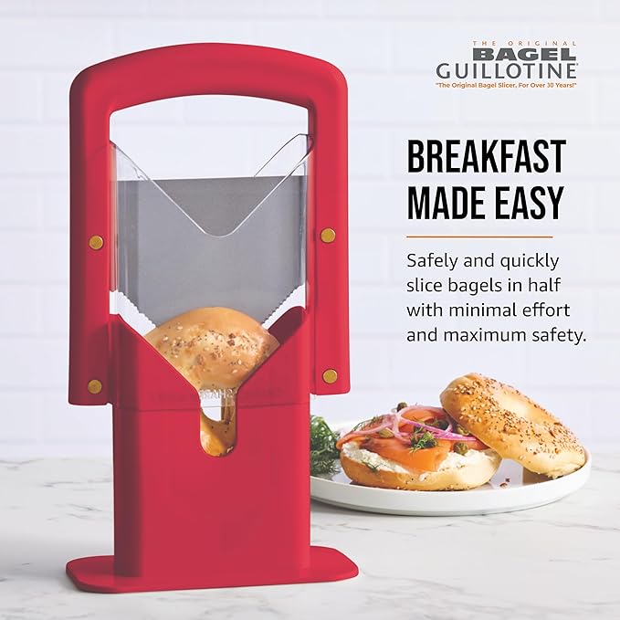 Hoan Bagel Biter Slicer and Cutter with Safety Shield - Serrated Blade Cuts Bagels, Muffins, Buns and Rolls - Dishwasher Safe Bagel Guillotine, 9.25 Inches Tall, Red