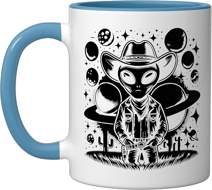 Alien Lover Flying Saucer UFO Extraterrestrial Cowboy Ceramic Mug, Blue/White