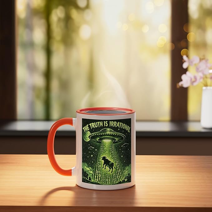 UFO The Truth Is Irrational Cow Abduction 3.14 Math Pi Day Ceramic Mug, Orange/White