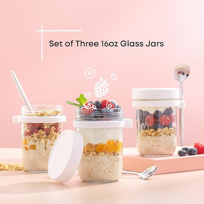 JoyJolt 3-Pack Glass Overnight Oats Jars with Lids and Spoons Set (16 oz), Mason Jars for Overnight Oats, Chia Pudding Jars with Lids - BPA-Free, Leak Proof Small Containers for Meal Prep