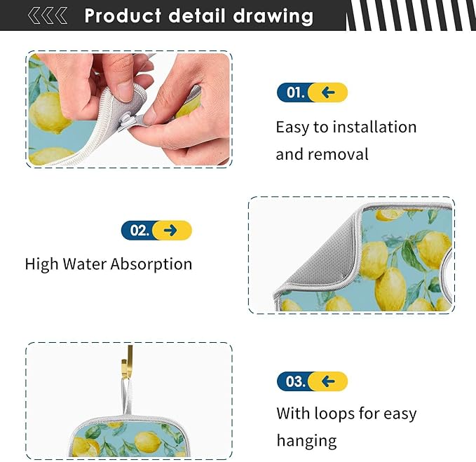 Kitchen Faucet Absorbent Mat,Lemon Fruit Summer Water Splash Guard for Sink, Faucet Drip Catcher Thicken Sponge Microfiber Faucet Water Catcher Mat Sink Absorbent Mat for Kitchen 14x5in 2 Pack