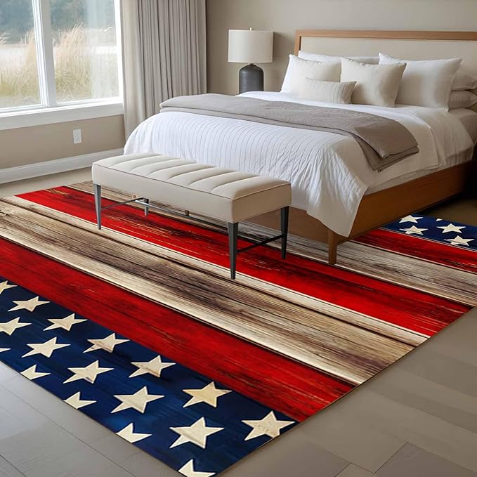 Area Rug 6x9ft, Vintage Stripes and Stars Washable Rugs for Living Room Bedroom, Patriotic 250th Anniversary Soft Non-Slip Area Rugs Rectangle Floor Carpet for Dining Room