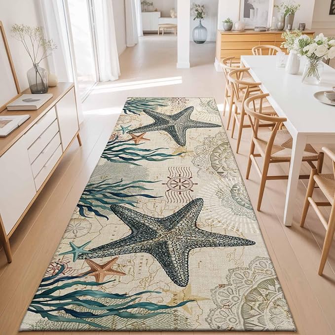 Runner Rug for Bedroom Hallway, Nautical Starfish Teal Seaweed Starfish Kitchen Runner Rugs Area Rug 2x6ft, Marine Life Washable Soft Floor Carpet for Entryway Stair