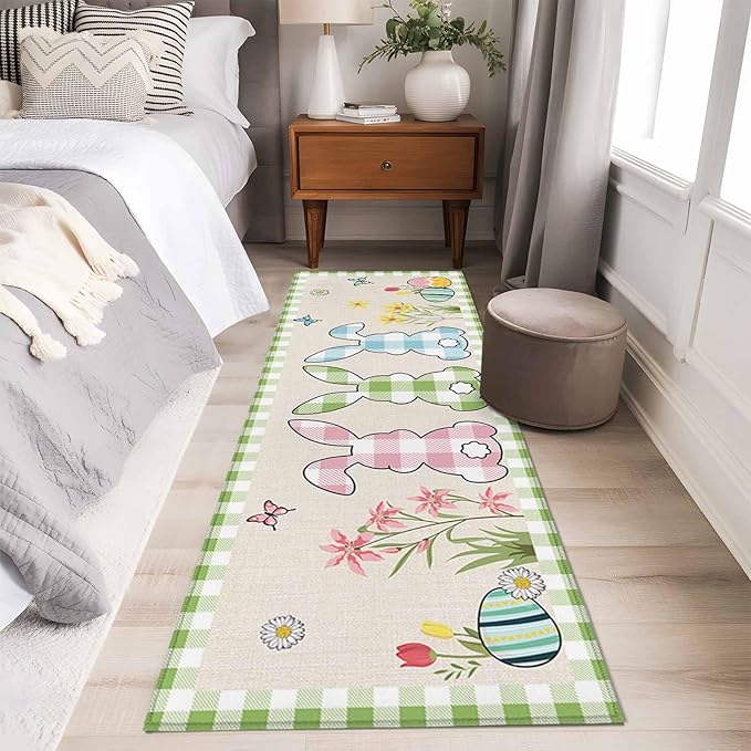Runner Rug for Bedroom Hallway, Happy Easter Bunny Shadow Flowers Kitchen Runner Rugs Area Rug 2x6ft, Retro Linen Cotton and Grid Washable Soft Floor Carpet for Entryway Stair
