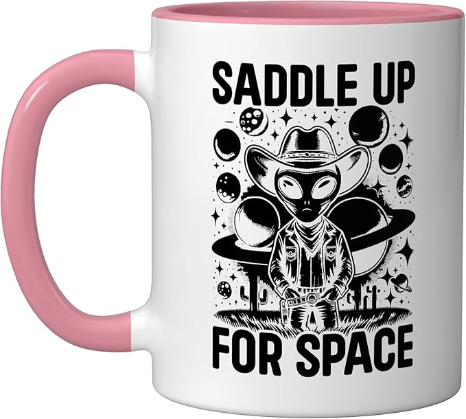 Alien Lover Flying Saucer UFO Extraterrestrial Cowboy Ceramic Mug, Pink/White