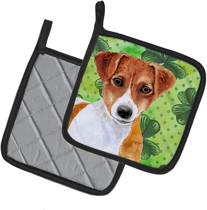 Caroline's Treasures BB9863PTHD Jack Russell Terrier St Patrick's Pair of Pot Holders, Green Kitchen Heat Resistant Pot Holders Sets Oven Hot Pads for Cooking Baking BBQ, 7 1/2 x 7 1/2