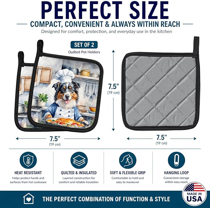 Caroline's Treasures Australian Shepherd The Chef Pair of Pot Holders Kitchen Heat Resistant Pot Holders Sets Oven Hot Pads for Cooking Baking BBQ, 7 1/2 x 7 1/2