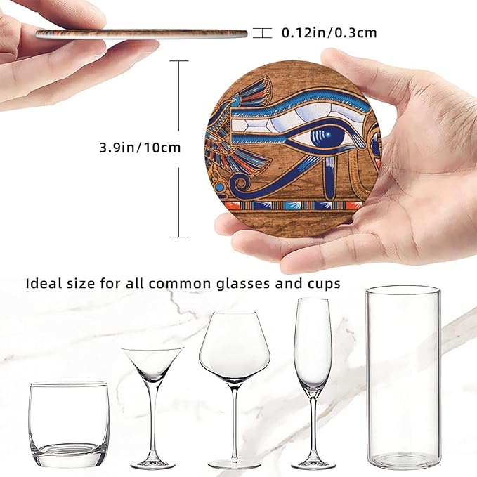 Ancient Egyptian Leather Drinks Coasters with Holder, Set of 6, Suitable for Various Cups