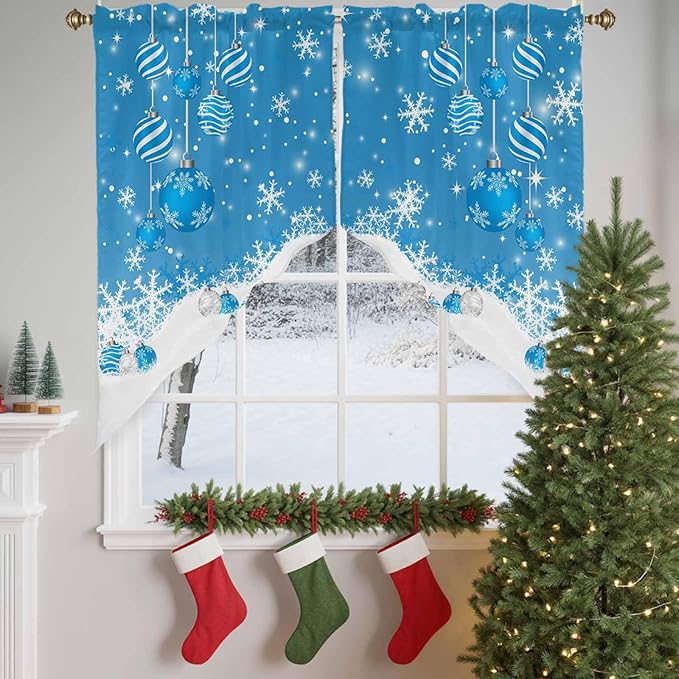 Prime Leader Blue Christmas Balls Swag Valance Curains Xmas Snowflake Christmas Rod Pocket Kitchen Curtains Scalloped Window Treatment Valances Swag for Living Room Bedroom, 1 Pair, 36" W x 45" L
