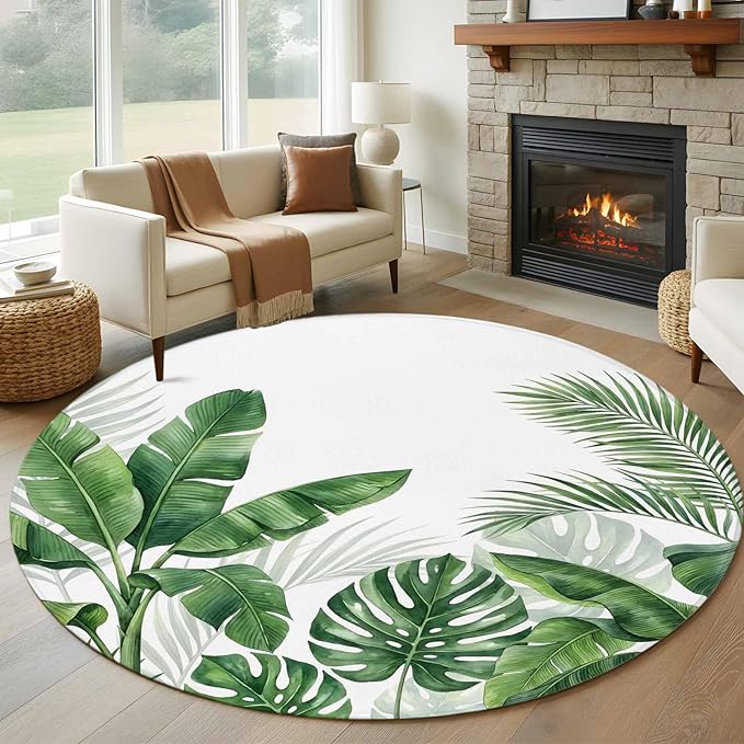 Washable Round Area Rug Watercolor Green Tropical Leaves Circle Rugs Floor Carpet for Living Room Bedroom, Botanical Palm Leaf Plants Soft Non Slip Round Rug 5ft