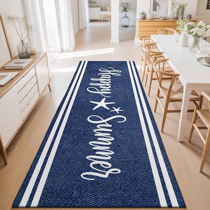 Runner Rug for Bedroom Hallway, Happy Summer Quote Ocean Starfish Kitchen Runner Rugs Area Rug 2x6ft, Navy Blue Stripe Denim Texture Washable Soft Floor Carpet for Entryway Stair