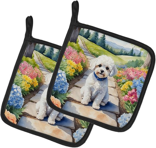 Caroline's Treasures Maltipoo Spring Path Pair of Pot Holders Kitchen Heat Resistant Pot Holders Sets Oven Hot Pads for Cooking Baking BBQ, 7 1/2 x 7 1/2