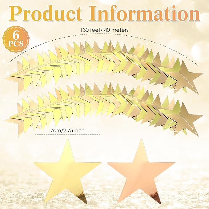 Patelai 78 Feet Glitter Star Garland Banner 2026 Party Decoration Double Side Star Hanging String Streamer Paper Twinkle for Graduation Wedding Birthday (Gold,Champagne Gold)