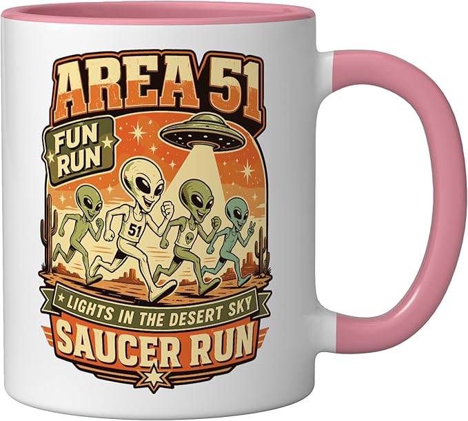 Area 51 Fun Run Saucer Run Alien Ceramic Mug, Pink/White