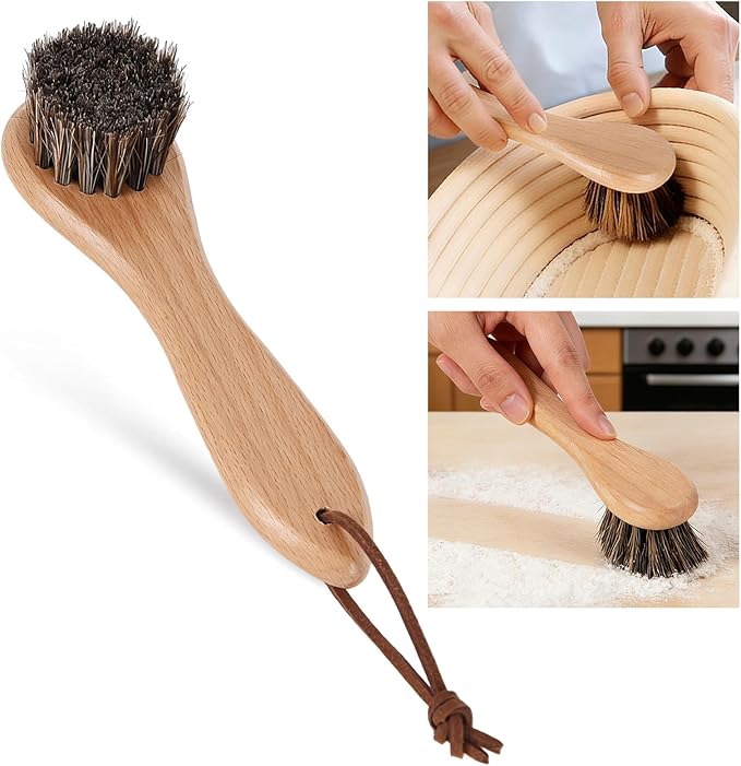 Natural Horsehair Cleaning Brush for Banneton Proofing Baskets, Round Sourdough Bread Basket Scraper & Flour Crumb Brush, Beech Wood Handle, Shed-Free Baking Supplies