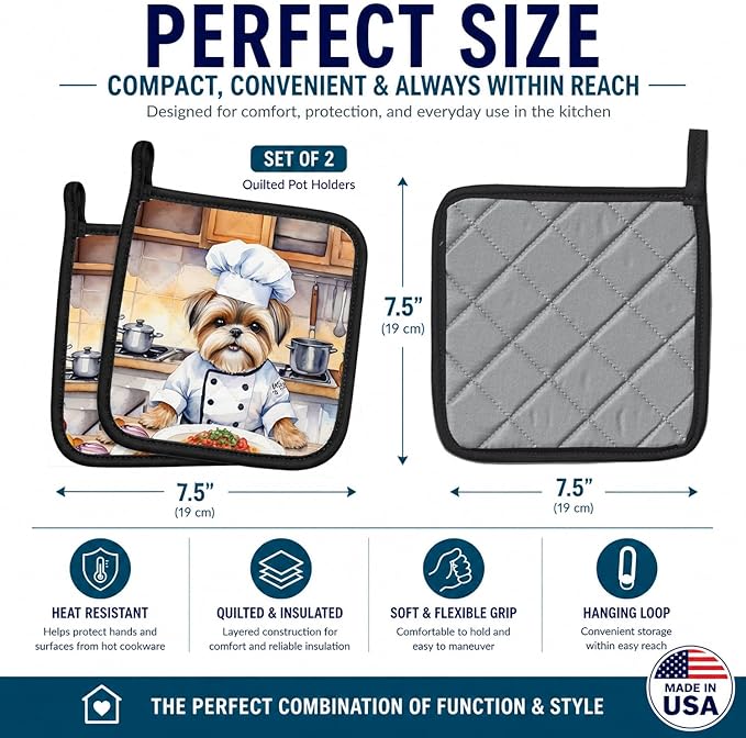 Caroline's Treasures Lhasa Apso The Chef Pair of Pot Holders Kitchen Heat Resistant Pot Holders Sets Oven Hot Pads for Cooking Baking BBQ, 7 1/2 x 7 1/2