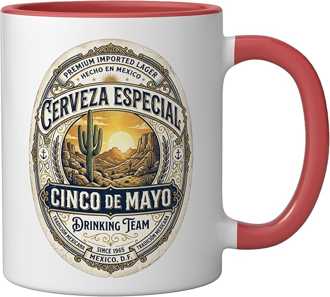 Cinco De Mayo Drinking Team Cerveza Beer Label Ceramic Mug, Red/White