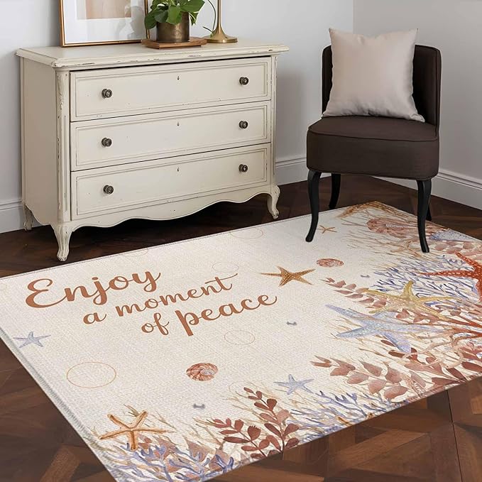 Area Rug 3x5ft, Orange Marine Starfish Coral Seaweed Washable Rugs for Living Room Bedroom, Peace Quote on Linen Soft Non-Slip Area Rugs Rectangle Floor Carpet for Dining Room