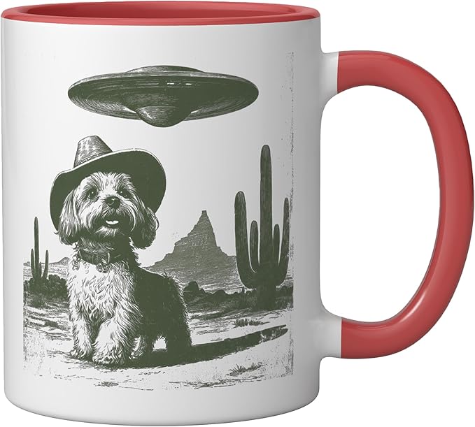 Retro Cowboy Dog UFO Desert Landscape Art Ceramic Mug, Red/White
