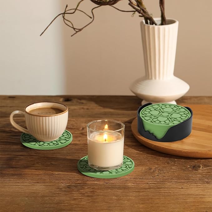 Green Silicone Coasters Set of 6 with Holder, 4 Inch Non-Slip Decorative Cup Mats, Heat-Resistant & Waterproof Drink Coasters for Tabletop, Desk, Bar, Coffee Table, Office & Kitchen