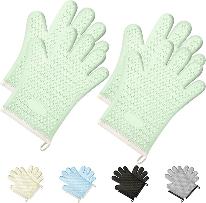 Silicone Oven Mitts Oven Gloves with Fingers 4 Pack, Oven Mitts Heat Resistant 450°F, Oven Mits Waterproof & Non-Slip, Cotton Lined for Kitchen, Home, Baking, BBQ(Green)