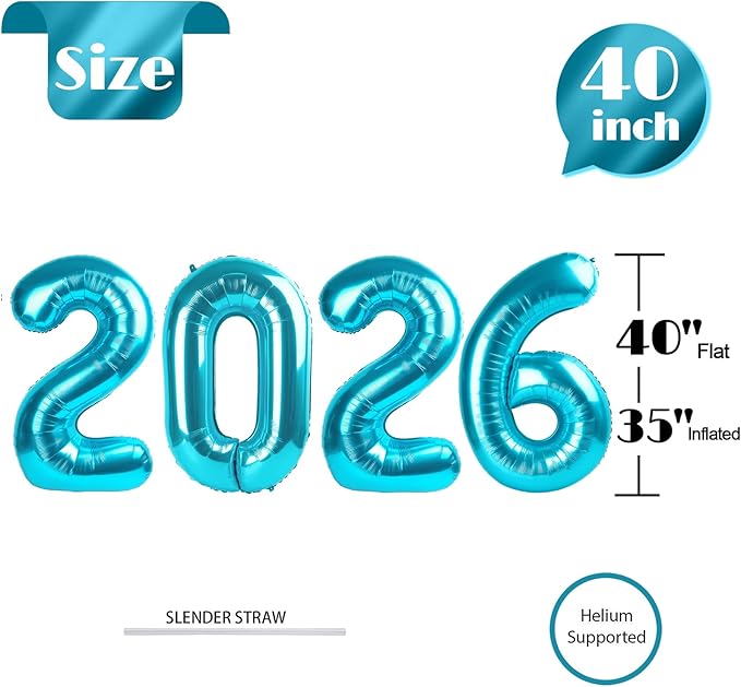 2026 Balloon Numbers - 40 Inch Light Blue New Years Eve Party Supplies 2026, Nye Decor Party Decorations Happy New Year, New Years Eve Foil Party Balloons, Graduation Party Decorations