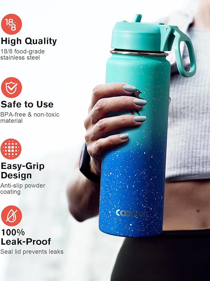 Coolflask Water Bottle 24 oz Insulated with Straw, Stainless Steel Metal 3 Lids Water Flask Wide Mouth for Sports or Office, Non-BPA Keep Cold Up to 48 Hrs or Hot Up to 24 Hrs, Glacier Blue