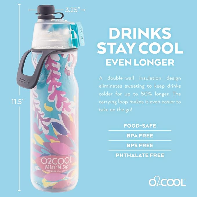 O2COOL Mist 'N Sip Misting Water Bottle 2-in-1 Mist And Sip Function With No Leak Pull Top Spout Reusable Sports Water Bottle - 20 oz (Tropical)