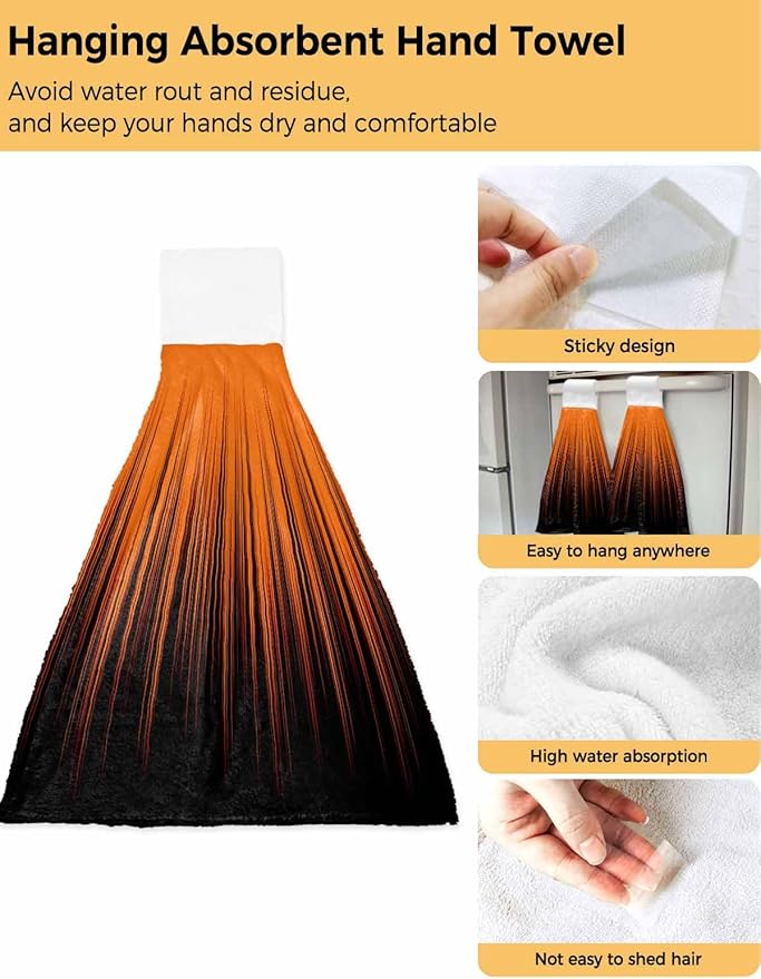 Alandar Home Kitchen Tie Towel Set of 1, Orange and Black Striped Art Absorbent Soft Hand Towels for Bathroom Hanging Towels, Gradient Abstract Textures Fast Drying Cleaning Cloth with Loop