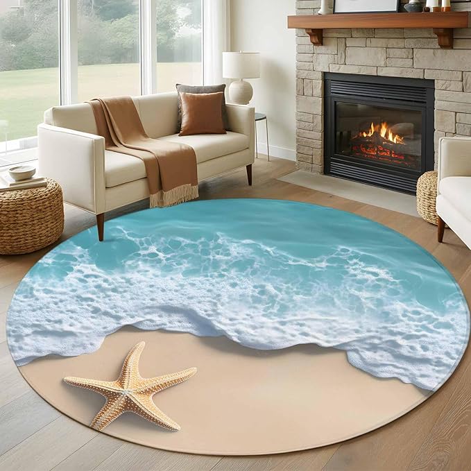 Washable Round Area Rug Beach Starfish Teal Sea Water Circle Rugs Floor Carpet for Living Room Bedroom, Summer Ocean Theme Soft Non Slip Round Rug 5ft