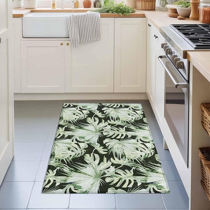 Area Rug 2x3ft, Abstract Dark Green Palm Leaves Washable Rugs for Living Room Bedroom, Watercolor Plants Soft Non-Slip Area Rugs Rectangle Floor Carpet for Dining Room