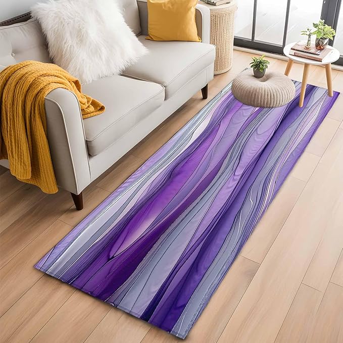 Runner Rug for Bedroom Hallway, Abstract Art Purple Gray Wave Kitchen Runner Rugs Area Rug 2x6ft, Vintage Marble Texture Washable Soft Floor Carpet for Entryway Stair