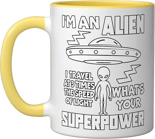 I'm An Alien Silhouette First Contact Space Apparel Ceramic Mug, Yellow/White