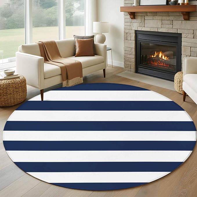 Washable Round Area Rug Nautical Black and White Stripes Circle Rugs Floor Carpet for Living Room Bedroom, Striped Soft Non Slip Round Rug 5ft